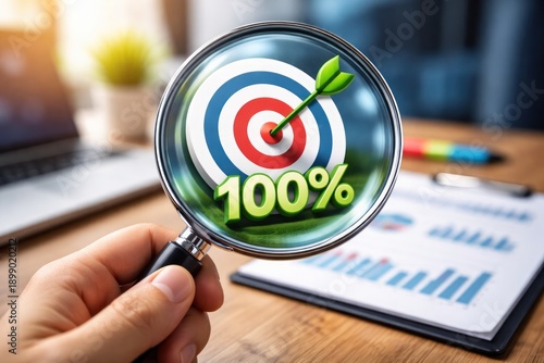 Hand holding a magnifying glass highlighting a target board with an arrow right at the center point and a 100% target number for business success