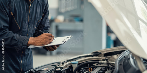 Auto car check up job with mechanic writing clipboard repair work garage banner service inspection professional focus maintenance hood modern engine workshop male uniform safety tool expertise