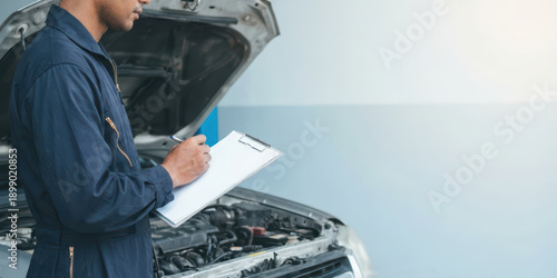 Auto car check up job with mechanic writing clipboard repair at work garage banner shows focused male worker in blue overall near open hood doing vehicle inspection in bright workshop