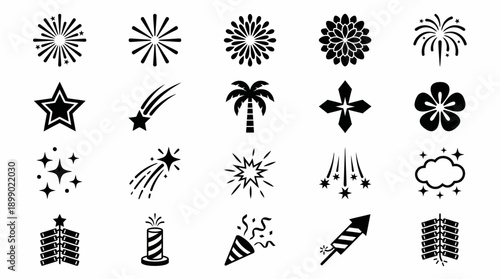 "Fireworks Vector Icons – Black and White Explosions, Firecrackers, Rockets, Party Poppers, Stylized Burst Patterns, Simple Illustrative Festival Celebration Decorative Vector Design"