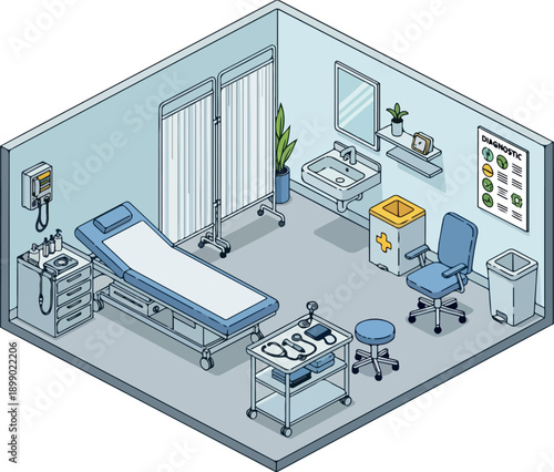 Isometric medical examination room illustration with examination table, sink, and medical equipment