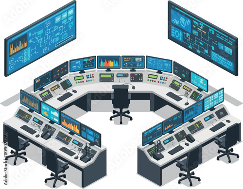 Modern control room with multiple screens displaying data and charts for monitoring systems and operations