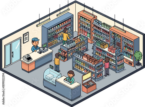 Isometric illustration of a well-stocked convenience store with customers and staff interacting