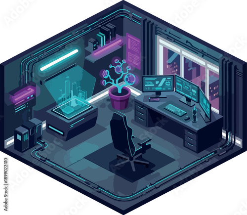 A futuristic isometric workspace with a holographic display showcasing a city model, multiple computer monitors, and gaming chair in a modern room with city view