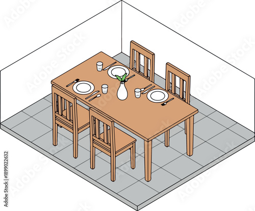 Cozy dining room setup with a wooden table and chairs on a tiled floor, perfect for family meals