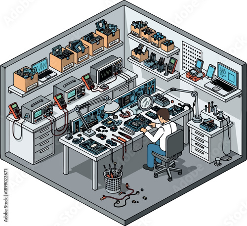 Electronics repair workshop with a technician working at a cluttered workbench filled with tools and equipment