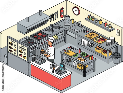 Isometric view of a professional restaurant kitchen bustling with activity, featuring a chef preparing food alongside various cooking stations and equipment