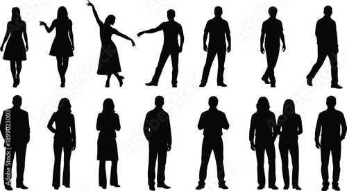 People silhouette collection illustration, male and female standing walking dancing poses, black white vector characters isolated background design set concept