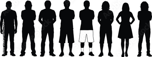 People silhouette lineup illustration, casual men and women standing together, diverse body poses, black white vector characters isolated background set