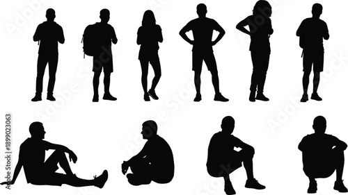 People silhouette pose collection, standing and sitting human figures, casual lifestyle gestures, anonymous characters set, black vector illustration isolated