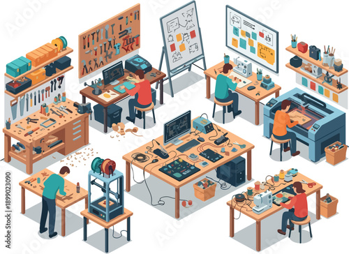 Makerspace scene depicting a workshop with people engaged in various creative and technical activities, including 3D printing and laser cutting