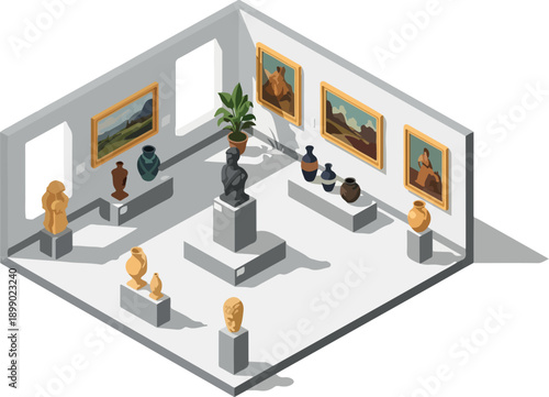 Isometric view of an art gallery exhibition showcasing paintings, sculptures, and vases on pedestals and walls