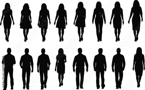 People silhouette walking collection illustration, male and female figures from behind, black white vector characters isolated background set