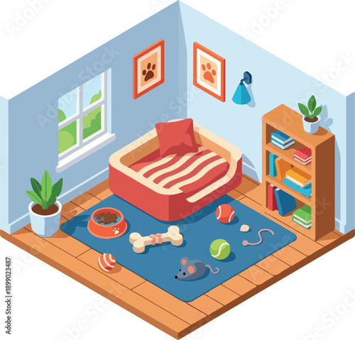 Cozy pet room with dog bed, toys, and bookshelf, perfect for furry friends