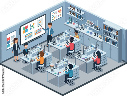 Diverse students engaged in a modern science laboratory, learning through interactive instruction and hands-on experimentation