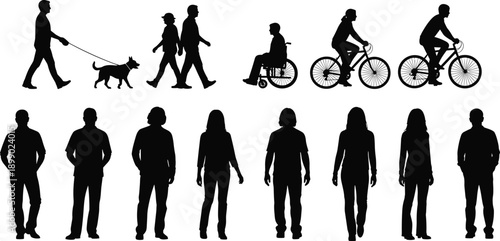 People,silhouette,activities,walking,cycling,dog,disabled,standing,poses,collection,men,women,lifestyle,urban,transport,black,vector,illustration,isolated,white