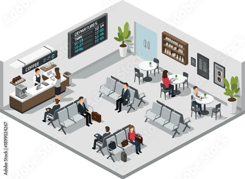 Isometric airport lounge area with people waiting and a coffee shop, depicting travel and waiting