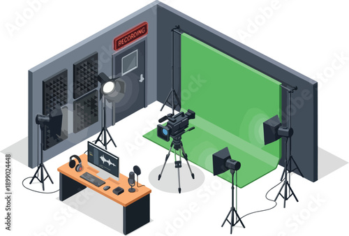 Recording studio setup with video camera, green screen, professional lighting, and audio equipment for content creation