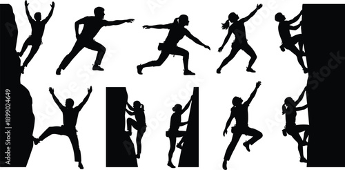 Rock, climbing, silhouette, action, set, athletes, ascending, cliffs, teamwork, strength, endurance, outdoor, extreme, sport, poses, adventure, fitness, training, vector, illustration