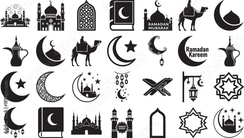 Ramadan Mubarak Kareem Islamic symbols and icons set  mosques crescent moons stars