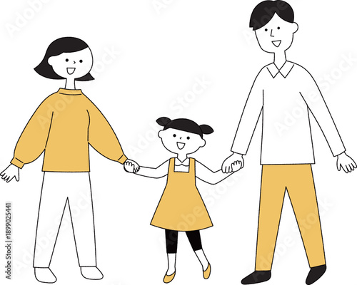 手を繋ぐ家族三人単色