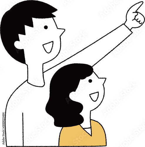 指を指して見上げる男女単色