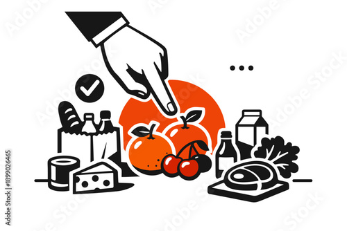 Hand choosing groceries among fruits and food items