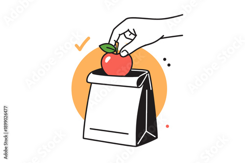 Hand placing apple in paper bag with orange background and check mark