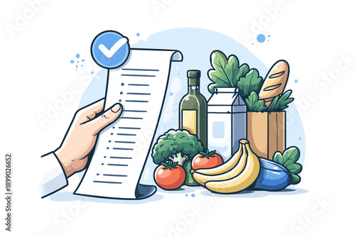 Hand holding shopping list with groceries including vegetables, fruits, oil, and milk