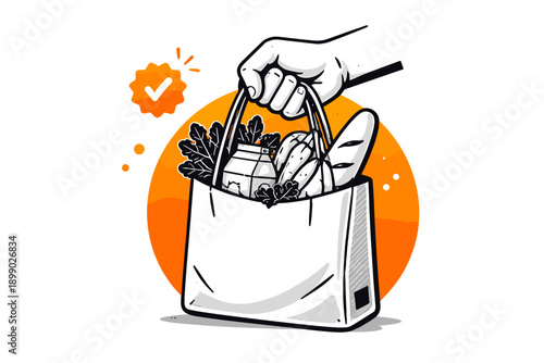 Hand holding grocery bag with fresh produce and baguette illustration