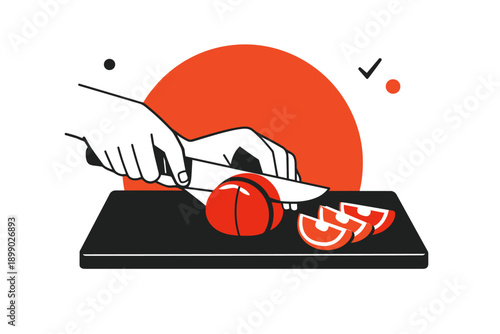 Illustration of slicing tomato with knife on cutting board