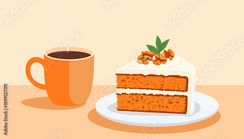 A slice of carrot cake with frosting and walnuts next to an orange mug of coffee on a light background.
