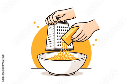 Hands grating cheese over bowl of pasta with orange circle background