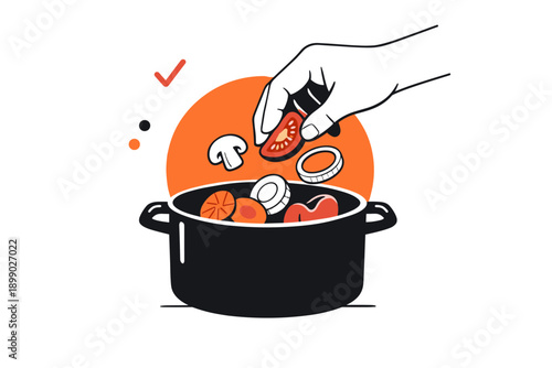 Hand adding vegetables to pot for cooking icon