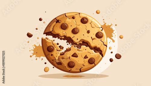 A delicious chocolate chip cookie, broken in half, with brown splashes on a light background, illustrating a sweet treat.