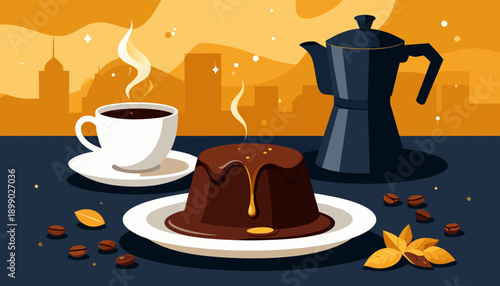 A steaming cup of coffee, a rich chocolate dessert, and a Moka pot on a table with a cityscape background.