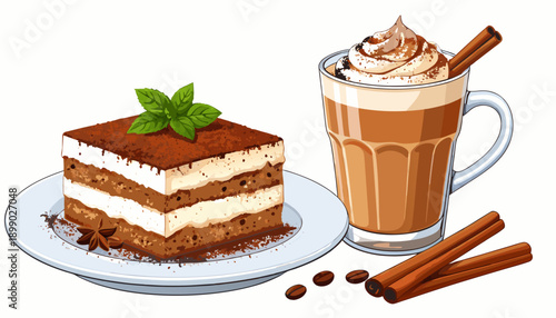 A delicious slice of tiramisu with a mint leaf on a plate next to a glass of coffee with whipped cream and cinnamon sticks.