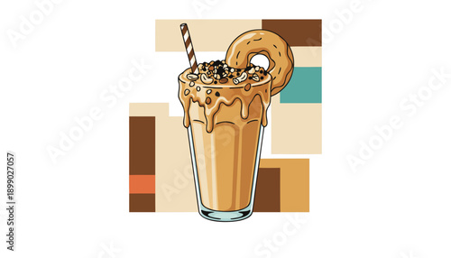 Delicious creamy milkshake with a donut, chocolate chips, and dripping sauce in a tall glass.