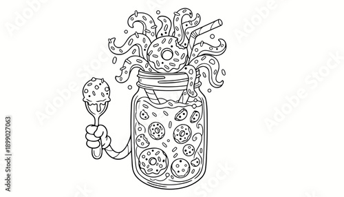 Whimsical black and white line art of a monster milkshake in a mason jar with octopus tentacles holding a spoon.