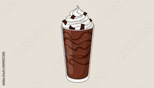 A delicious chocolate milkshake topped with whipped cream and chocolate chunks in a tall glass.