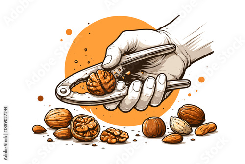 Hand cracking nuts with nutcracker against orange splash background