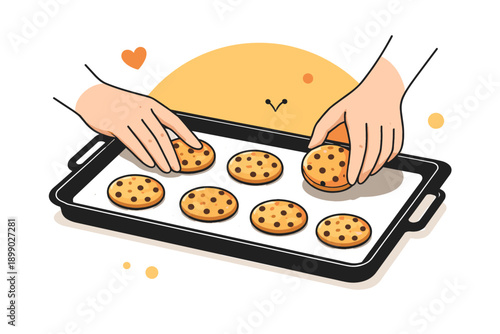 Hands arranging chocolate chip cookies on tray in minimalistic art
