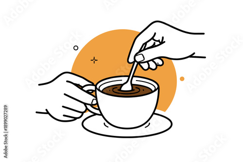 Minimalist illustration of hands stirring coffee in a white cup on orange background