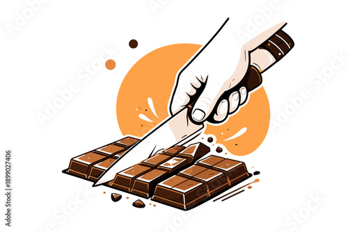Hand cutting chocolate bar with knife against orange backdrop