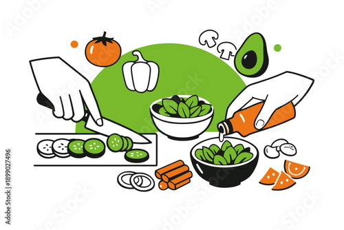 Preparing fresh salad ingredients with hands chopping and pouring dressing