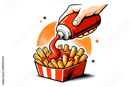 Hand pouring ketchup from bottle on crispy french fries in box