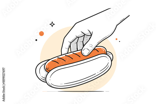 Hand holding a classic hot dog with minimalist design elements