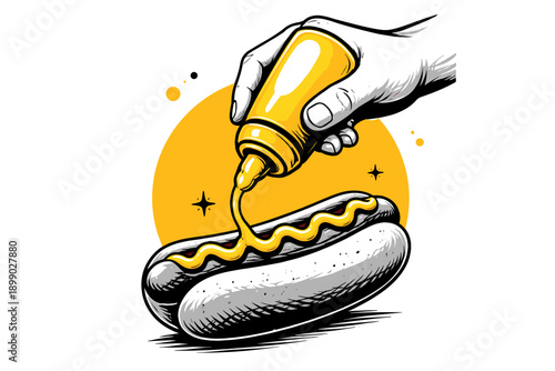 Hand pouring mustard on hot dog with yellow circle background