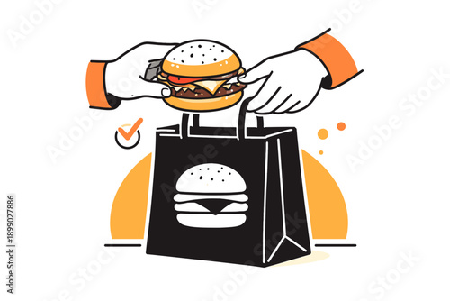 Hands holding burger and paper bag with burger illustration