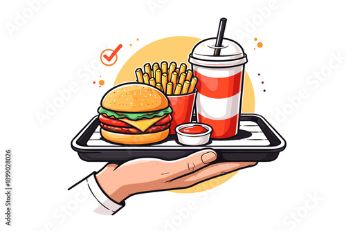 Fast food combo with burger, fries, and drink on serving tray